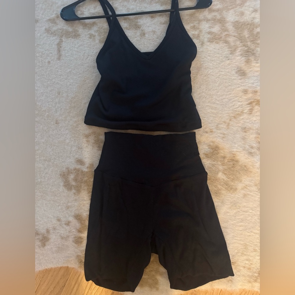 SKATIE perfect tank black M and ribbed bike shorts S set NWOT top, EUC shorts